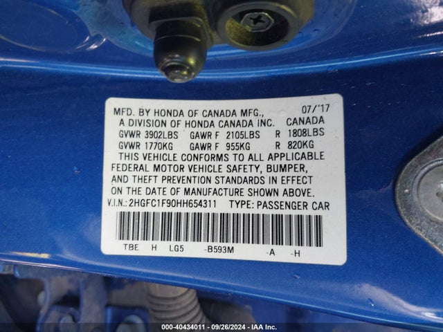 Honda Civic Touring 2017 2HGFC1F90HH654311 Image 9