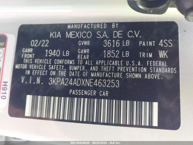 3KPA24ADXNE463253 KIA RIO S
