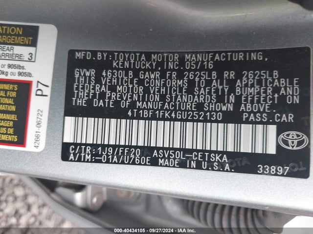 Toyota CAMRY SE 2016 4T1BF1FK4GU252130 Image 9