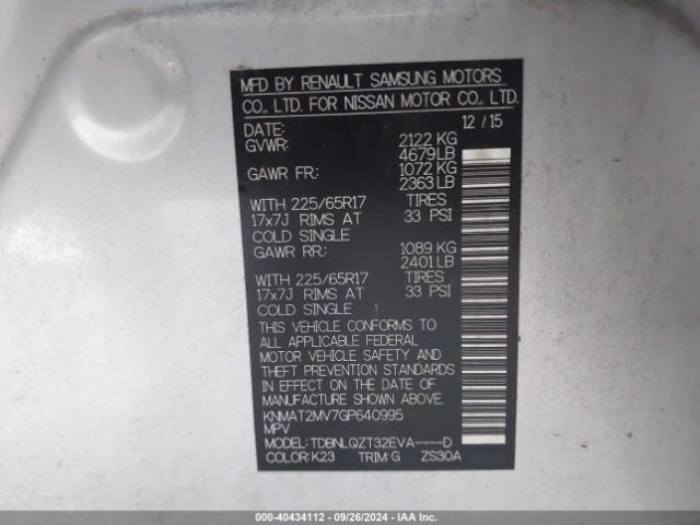 KNMAT2MV7GP640995 Nissan ROGUE SV