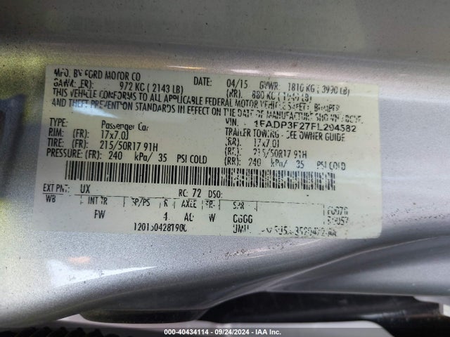 Ford FOCUS SE 2015 1FADP3F27FL294582 Image 9