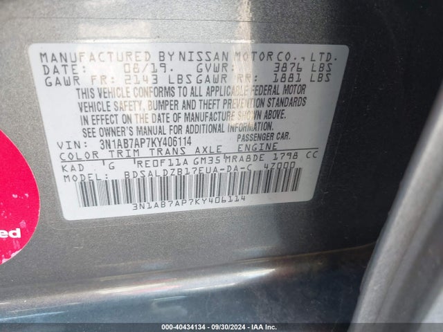 Nissan SENTRA SV 2019 3N1AB7AP7KY406114 Image 9