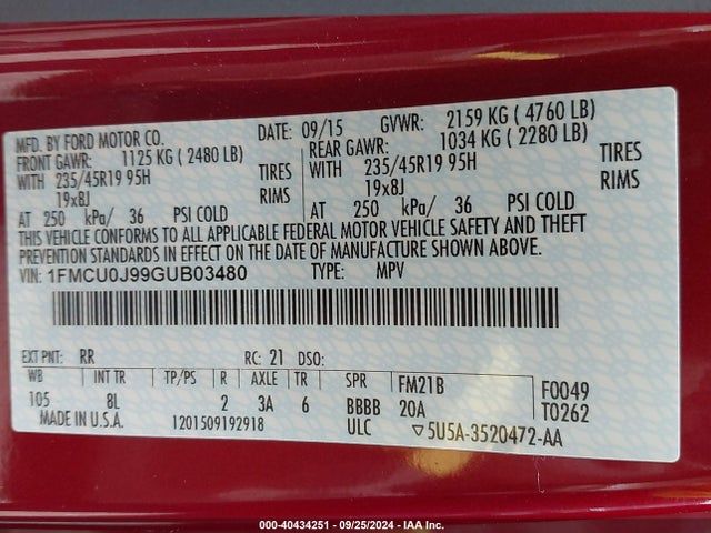 Ford Escape Titanium 2016 1FMCU0J99GUB03480 Image 9