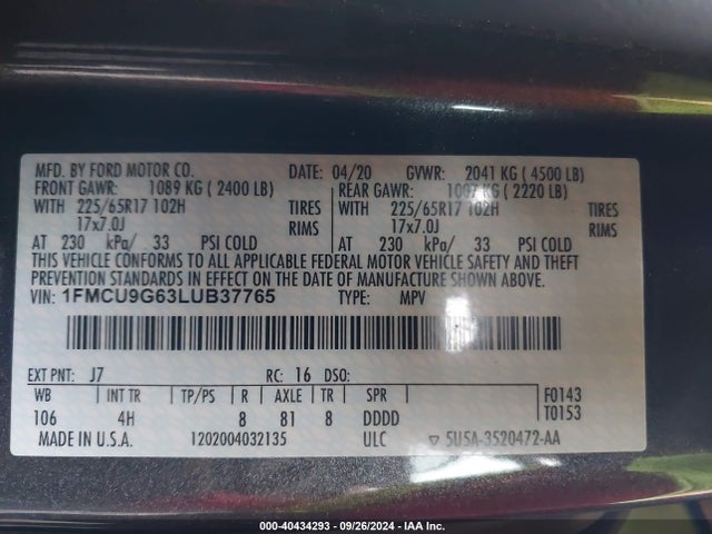Ford ESCAPE SE 2020 1FMCU9G63LUB37765 Image 9