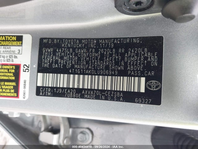 Toyota CAMRY SE 2020 4T1G11AK0LU906949 Image 9