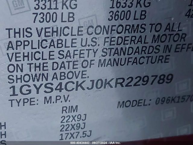 1GYS4CKJ0KR229789 Cadillac Escalade Premium Luxury