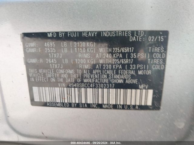 4S4BSBCC4F3302317 Subaru Outback 2.5i Premium