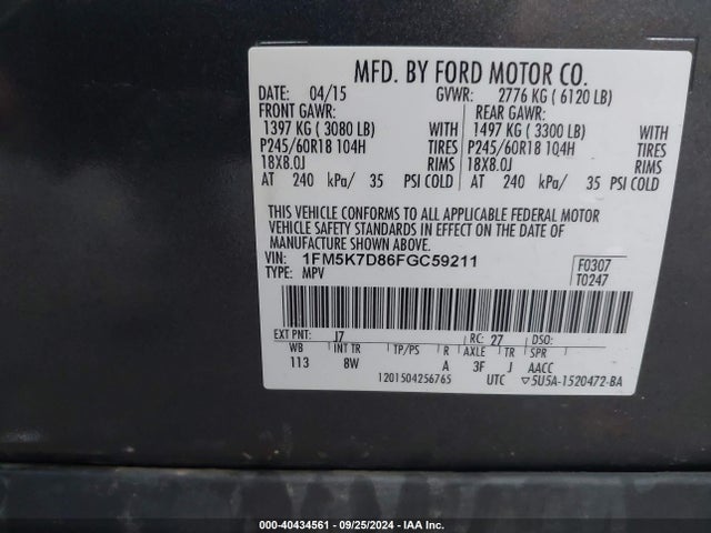 Ford EXPLORER XLT 2015 1FM5K7D86FGC59211 Image 9