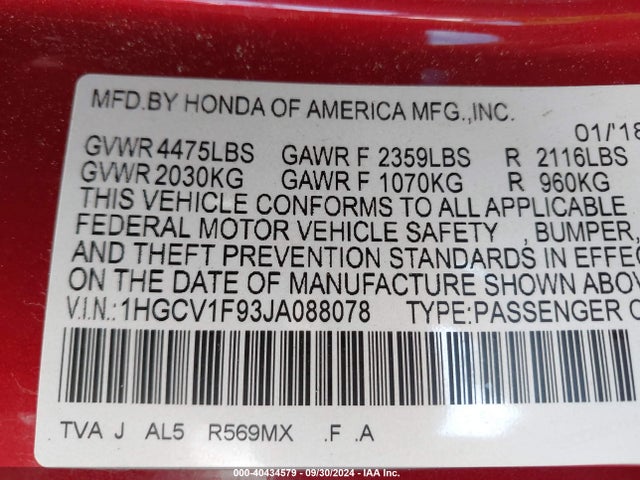 Honda Accord Touring 2018 1HGCV1F93JA088078 Image 9