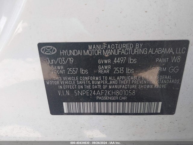 Hyundai SONATA SE 2019 5NPE24AF2KH801058 Image 9