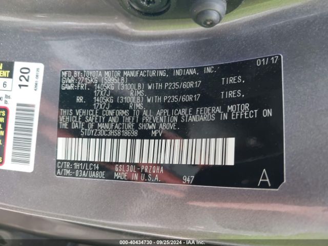 5TDYZ3DC3HS818698 Toyota Sienna Xle 8 Passenger