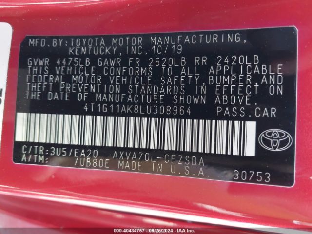 4T1G11AK8LU308964 Toyota CAMRY SE