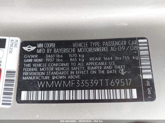 2009 MINI COOPER WMWMF33539TT69517 Photo 8