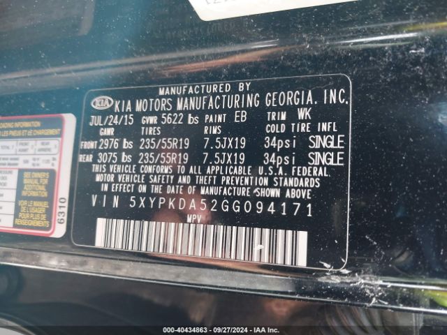 5XYPKDA52GG094171 KIA Sorento 3.3l Sxl