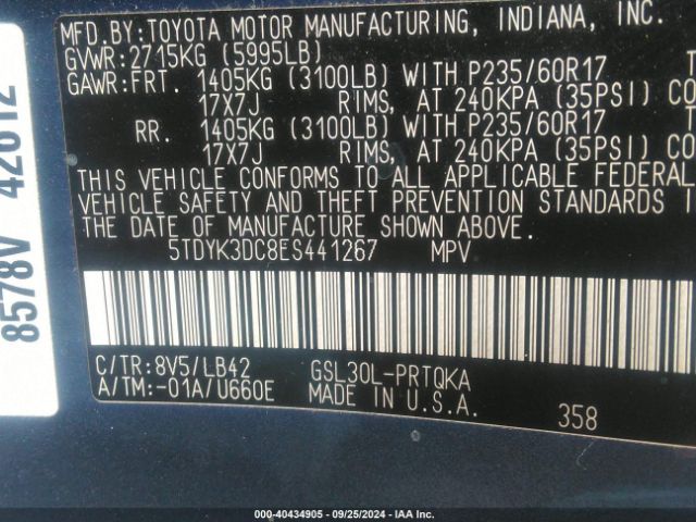 5TDYK3DC8ES441267 Toyota Sienna Xle V6 8 Passenger