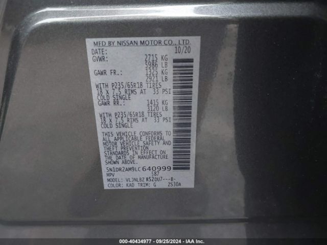 5N1DR2AM9LC640999 Nissan Pathfinder S 4wd