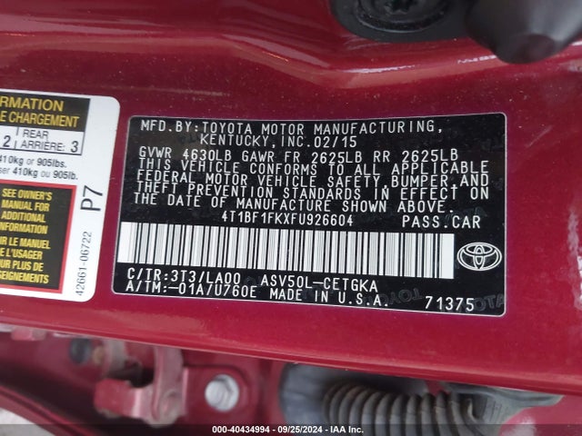 Toyota CAMRY XLE 2015 4T1BF1FKXFU926604 Image 9