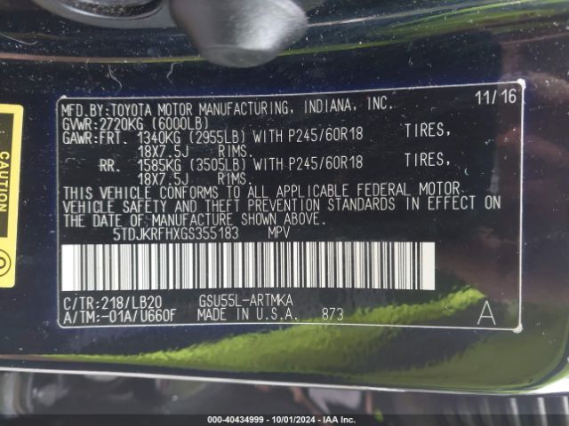 5TDJKRFHXGS355183 Toyota Highlander Xle V6