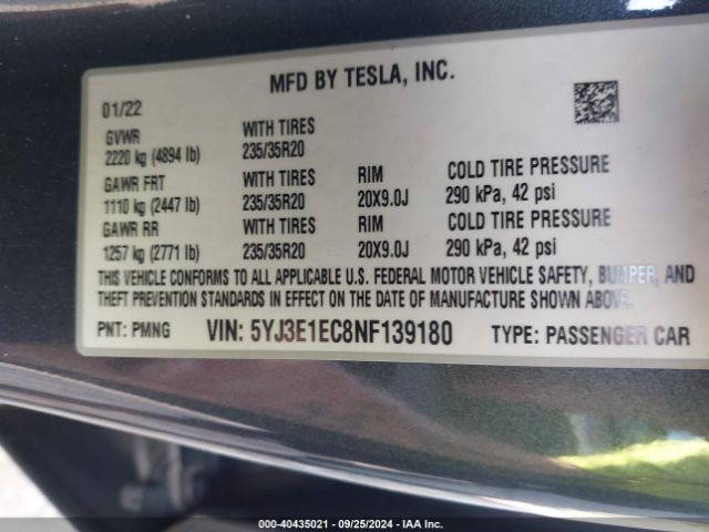 5YJ3E1EC8NF139180 Tesla Model 3 Performance Dual Motor All-wheel Drive