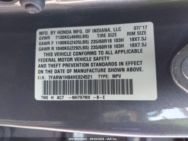7FARW1H84HE024521 Honda Cr-v Ex-l/ex-l Navi