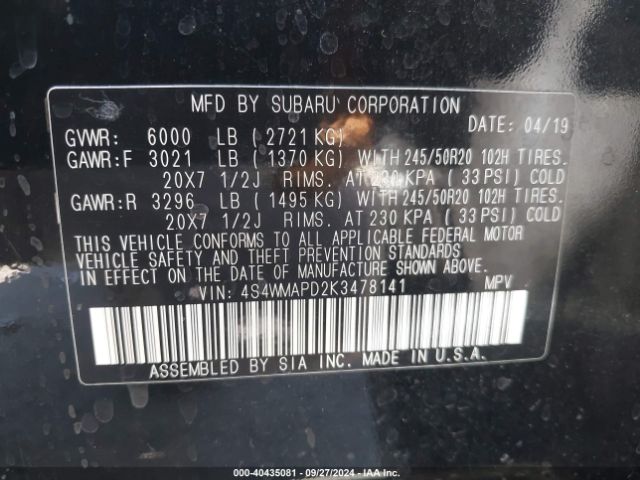 4S4WMAPD2K3478141 Subaru Ascent Limited