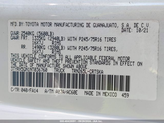 3TYRX5GN1NT036760 Toyota Tacoma Sr