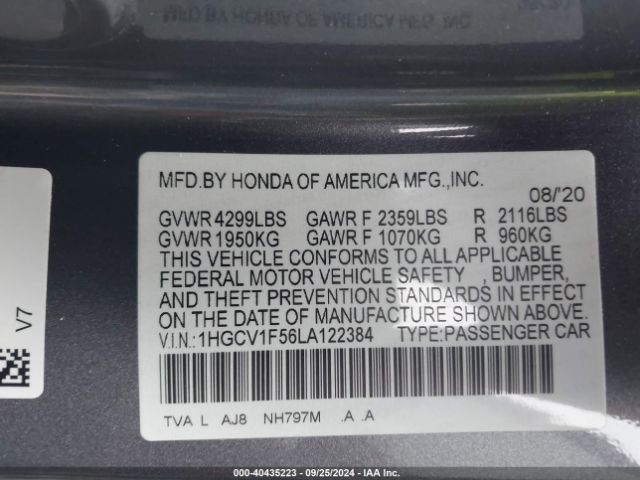 1HGCV1F56LA122384 Honda Accord Ex-l