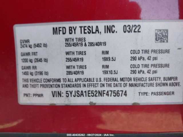 5YJSA1E52NF475674 Tesla Model S Dual Motor All-wheel Drive