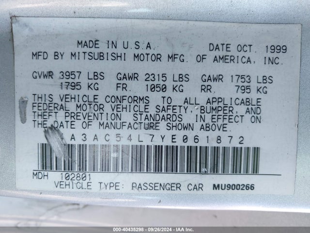 2000 MITSUBISHI ECLIPSE 4A3AC54L7YE061872 Photo 8