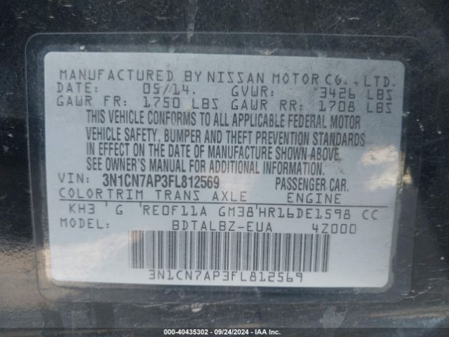 3N1CN7AP3FL812569 Nissan Versa 1.6 S/1.6 S+/1.6 Sl/1.6 Sv