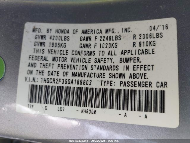 1HGCR2F35GA189802 Honda ACCORD LX