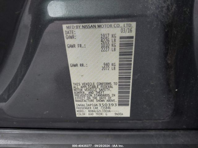 1N4AL3AP1GN350393 Nissan Altima 2.5/2.5 S/2.5 Sl/2.5 Sr/2.5 Sv