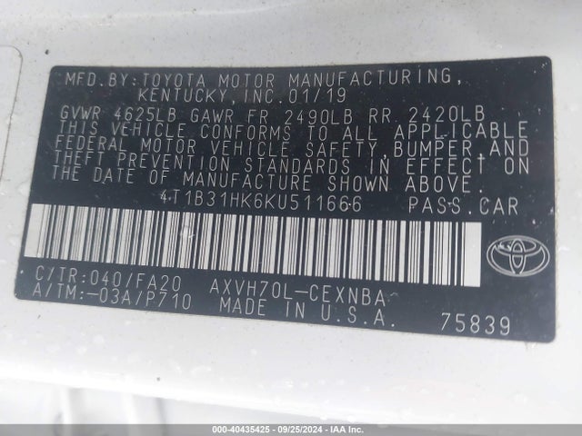 4T1B31HK6KU511666 Toyota Camry Hybrid Le