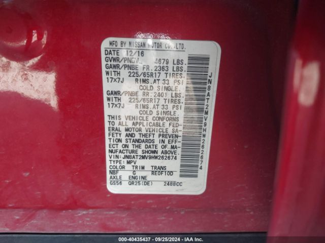JN8AT2MV9HW262674 Nissan ROGUE S