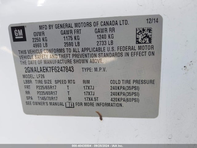 Chevrolet EQUINOX LS 2015 2GNALAEK7F6247843 Image 9