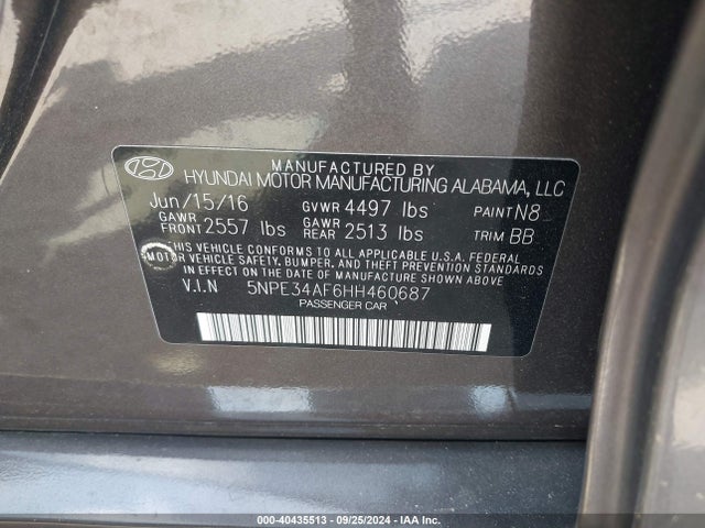 Hyundai Sonata Limited 2017 5NPE34AF6HH460687 Image 9