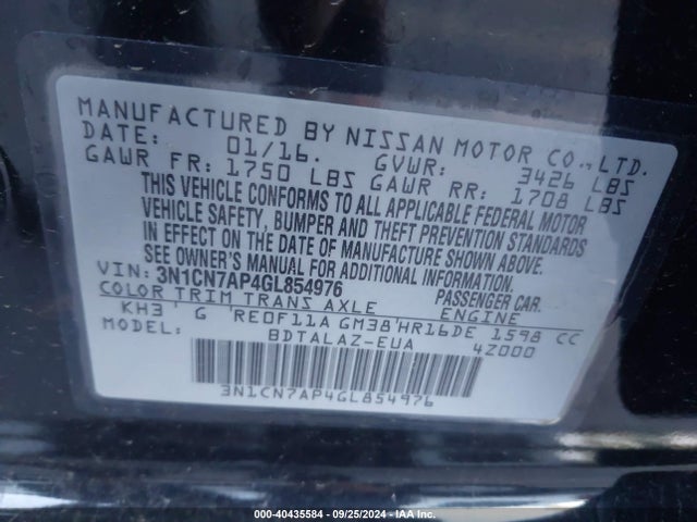 Nissan Versa 1.6 S+ 2016 3N1CN7AP4GL854976 Image 9