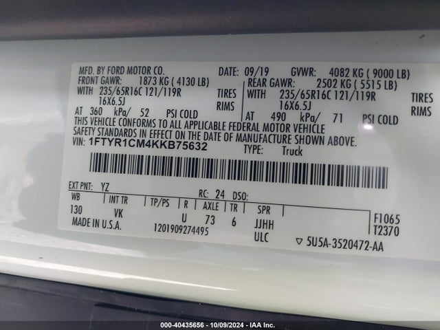 Ford Transit-250 2019 1FTYR1CM4KKB75632 Image 9