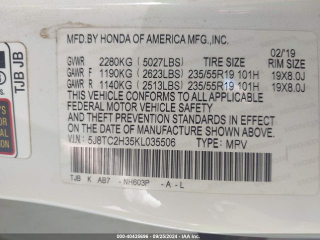 5J8TC2H35KL035506 Acura Rdx Standard