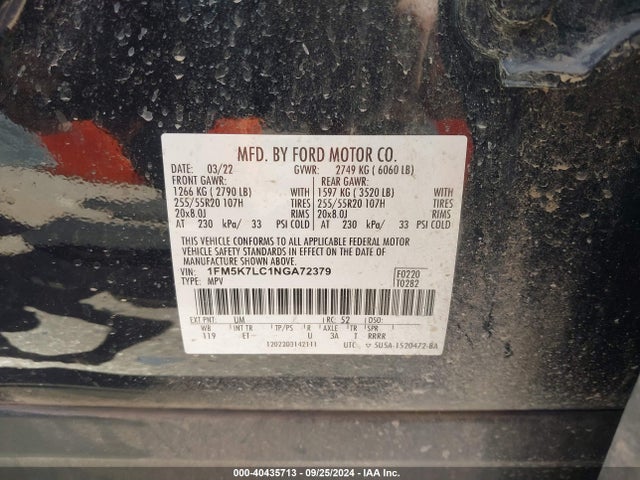 Ford Explorer King Ranch 2022 1FM5K7LC1NGA72379 Image 9