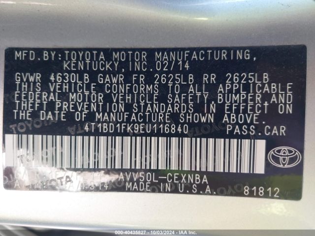 4T1BD1FK9EU116840 Toyota Camry Hybrid Le