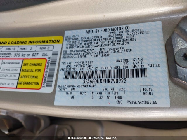 Ford FUSION SE 2017 3FA6P0HD4HR290922 Image 9