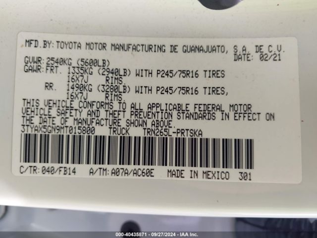 3TYAX5GN9MT015800 Toyota Tacoma Sr