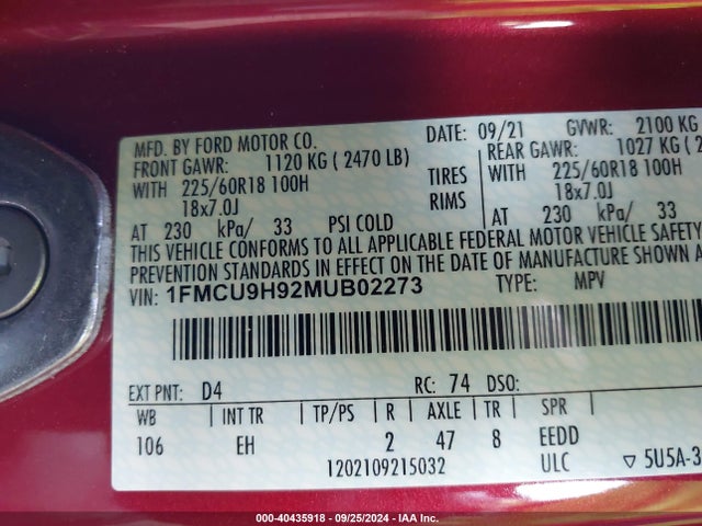 Ford ESCAPE SEL 2021 1FMCU9H92MUB02273 Image 9