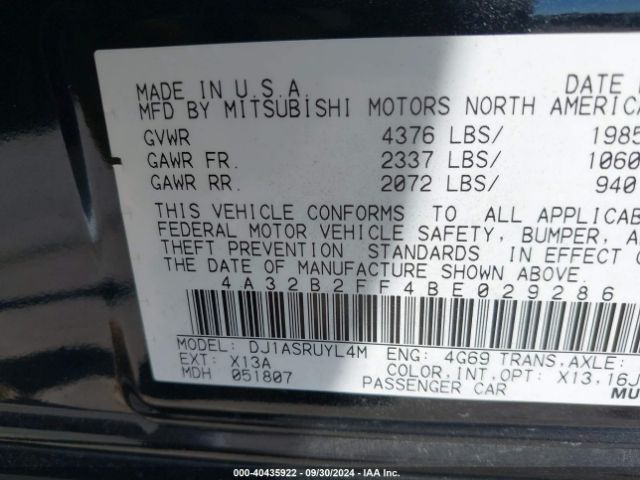 2011 MITSUBISHI GALANT 4A32B2FF4BE029286 Photo 8