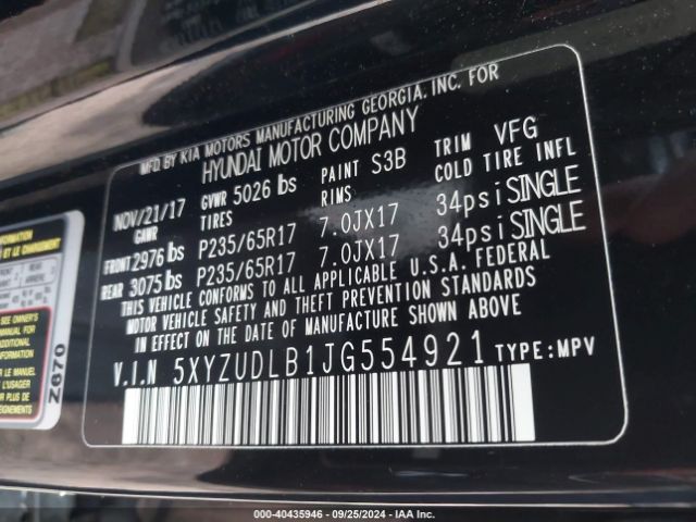 5XYZUDLB1JG554921 Hyundai Santa Fe Sport 2.4l