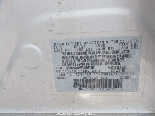 3N1CN7AP8FL856745 Nissan Versa 1.6 S