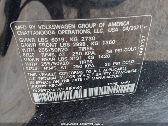 1V2BR2CA1MC580862 Volkswagen Atlas 3.6l V6 Sel