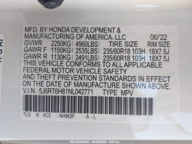 5J6RT6H81NL042771 Honda Cr-v Hybrid Ex-l
