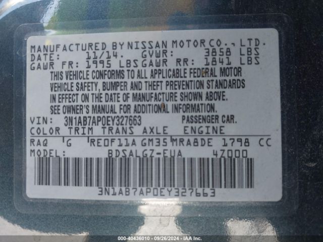 3N1AB7AP0EY327663 Nissan SENTRA SL